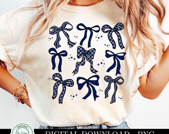 Navy Blue and Grey Checkered Bow Dark Coquette PNG ClipArt Collage, Preppy Team Color Bow Clip Art,  Ribbon Blue Bow Grey Bow Sublimation