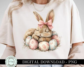 Easter Bunny png Clipart, Cute Kids Bunny png, Sleeping Pink Coquette Bow Bunny Rabbit png, Easter Eggs Shirt Sublimation Design, Easter