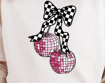 Trendy Aesthetic Bow Cherry, Disco Cherry Checkered Bow Cherries, Aesthetic Cherry Bows, Coquette Aesthestic Cherry, Sublimation Cherry png