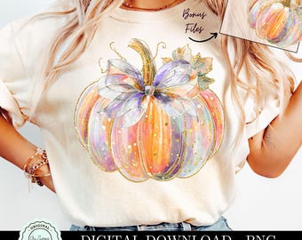 Calabaza con purpurina de moda PNG, calabaza con pinceladas de acuarela y lazo coqueto para Halloween, diseño de camiseta digital de sublimación otoñal para chicas