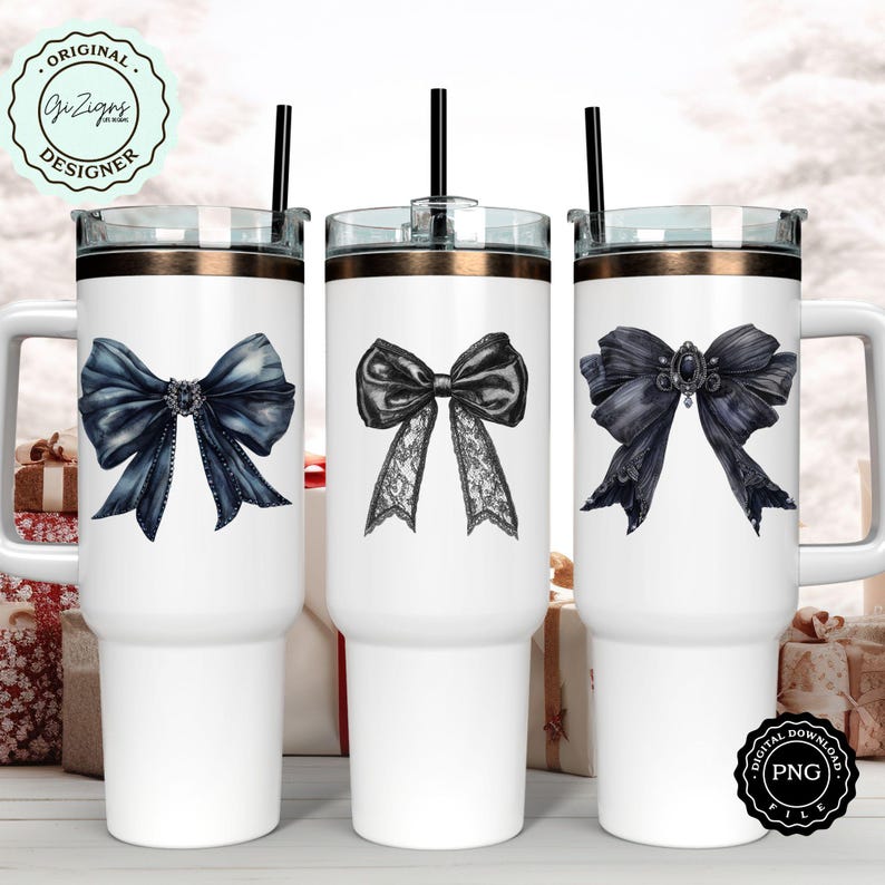 May include: Three white stainless steel tumblers with lids and straws. Each tumbler features a different black and blue bow design.