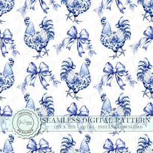 Patrón sin costuras de pollo azul vintage Toile Coquette PNG, papel tapiz digital con lazo chinoiserie azul, diseño de sauce Toile de Jouy