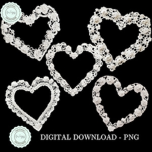 Trendiges Vintages Spitzenherz PNG Clipart Bundle, romantisches Valentinstag Herz Png, Hochzeit PNG Design Clip Art, Valentinstag PNG, digitaler Download
