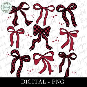 May include: Set of ten red and black bow designs. The bows are in various styles, including checkered and striped patterns. The bows are isolated on a white background.