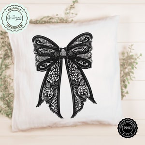 May include: Black and white digital download of a large, intricate, lace bow. The bow is tied with a large, decorative knot in the center.