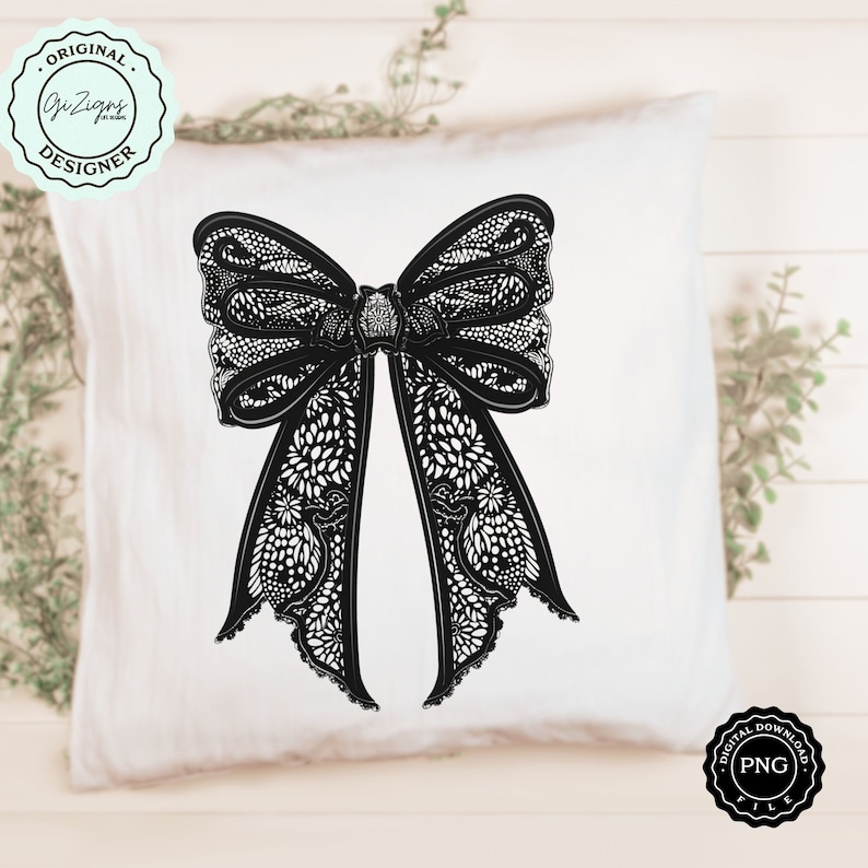 May include: Black and white digital download of a large, intricate, lace bow. The bow is tied with a large, decorative knot in the center.