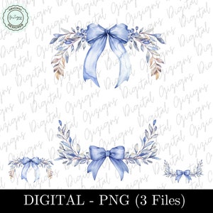 Trendy blaue Schleife Aquarell Rahmen Clipart PNG, Kokette Schleife SVG, Blumenhochzeitseinladung, Babyparty Sublimationsdesign, Cricut Cut Datei