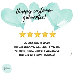 Pode incluir: Um gr&aacute;fico com um design de cora&ccedil;&atilde;o de aquarela turquesa e o texto "Happy customer guarantee!" Cinco estrelas douradas est&atilde;o abaixo do texto. O texto abaixo das estrelas diz: "Trabalhamos duro para projetar e vender canecas que voc&ecirc; vai adorar! Se voc&ecirc; n&atilde;o estiver satisfeito, por favor, envie-nos uma mensagem para que voc&ecirc; seja um cliente feliz!"