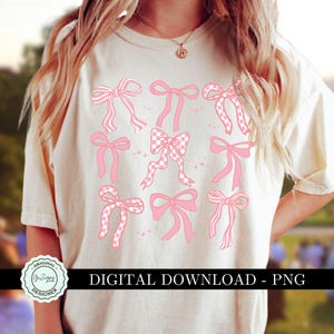 Trendy Pink Coquette Bow PNG ClipArt Collage, Pink Checkerboard Preppy Bow Clip Art, Checkered Ribbon White Bow T-Shirt Design Sublimation