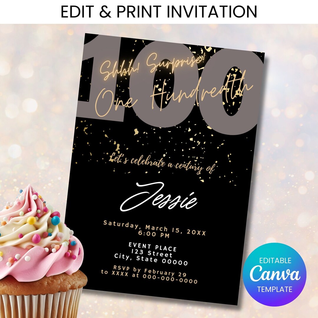 Printable 100th Birthday Invitation, Surprise Birthday Editable ...