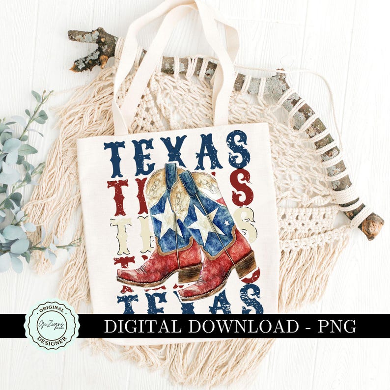 May include: A digital download of a tote bag design featuring a red, white, and blue cowboy boot with the word "Texas" repeated in a distressed font.