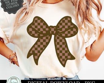Modna kokarda w kratkę PNG, kokarda kokietka w szachownicę Y2K w kolorze brązowym PNG ClipArt, kokarda Bougie PNG, kokarda glamour blingy preppy png sublimacja koszula