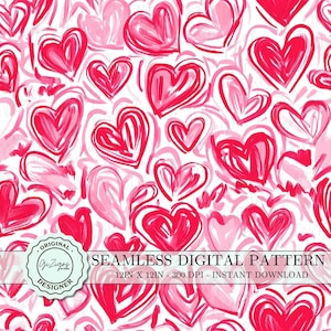 Trendy Valentine Heart Seamless Pattern PNG, Red and Pink Hearts Digital Paper Wallpaper, Fabric Pattern, Scrapbook Paper, Watercolor