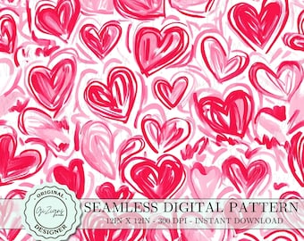 Trendy Valentine Heart Seamless Pattern PNG, Red and Pink Hearts Digital Paper Wallpaper, Fabric Pattern, Scrapbook Paper, Watercolor