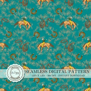 May include: Seamless digital pattern featuring a cowboy riding a bucking horse, horseshoes, and lasso ropes on a turquoise background. The pattern is 12 inches by 12 inches and 300 DPI.