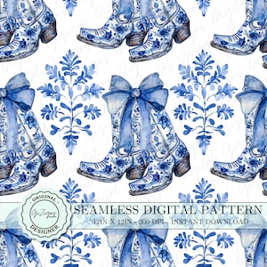 Blauwe en witte kust cowgirl coquette naadloos patroon png, blauwe chinoiserie bloemen laarzen digitaal papier behang plakboek stofpatroon