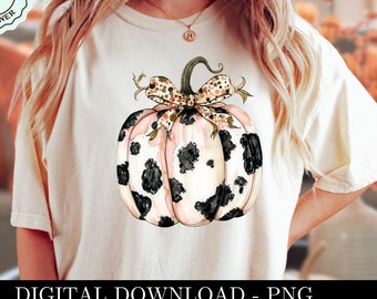 Trendy Cow Print Pumpkin Coquette PNG Clipart, Watercolor Western Halloween Shirt Art, Fall Sublimination Digital Design Commercial Use