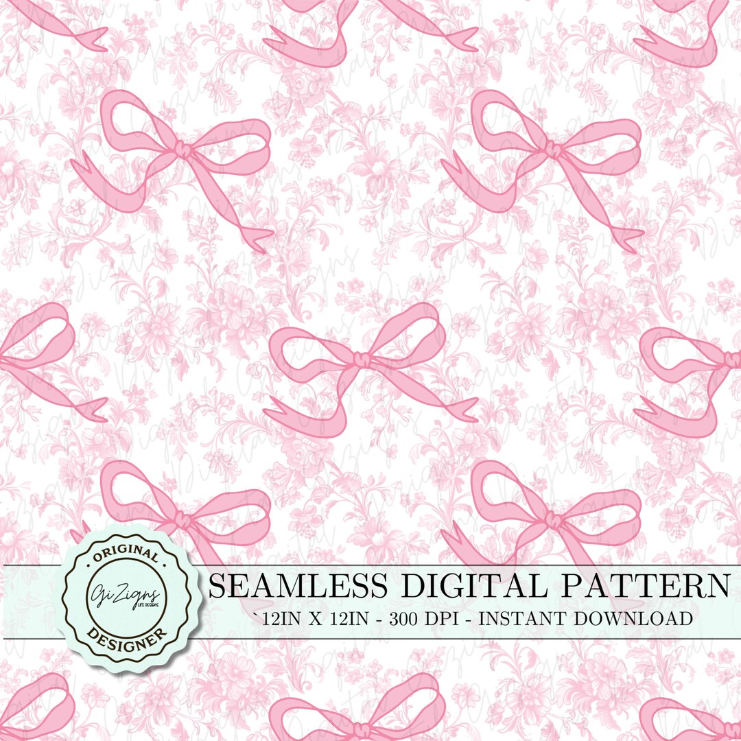 Vintage Pink Toile Coquette Bow Seamless Pattern PNG SVG, Pink ...
