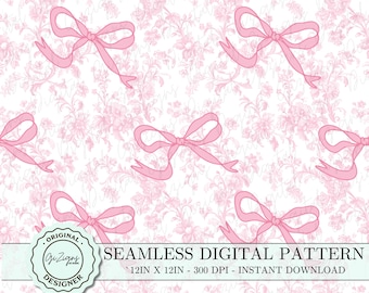 Vintage Pink Toile Coquette Bow Seamless Pattern PNG SVG, Pink Chinoiserie Bow Digital Paper Wallpaper Scrapbook, Fancy Shabby Chic Design
