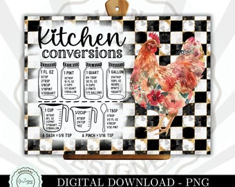 May include: A black and white checkered kitchen cutting board with a watercolor illustration of a red hen with floral accents. The board features a chart of kitchen conversions with measurements in ounces, tablespoons, cups, pints, quarts, and gallons.