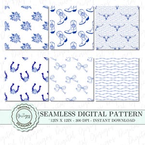 Coastal Coquette Cowgirl Western Seamless Pattern Digital Paper Bundle Blue White Toile Country Cowboy Boots, Cow Skulls, Horseshoes, Bows