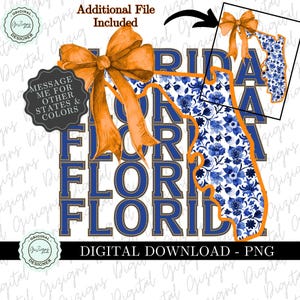 Florida PNG, Blau und Orange Florida Cowgirl PNG Clipart, Kokette Blaue Blumenschleife Westliche PNG Grandmillenial Bogen Design png, Sublimation