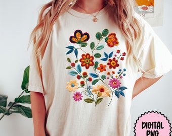Trendy Folk Art Floral Embroidery PNG Clipart, Faux Embroidery PNG, Floral Clip Art Design, Flowers Clip Art, Sublimination PNG Clip Art