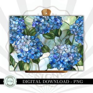 Peut inclure: Une image de style vitrail représentant des hortensias bleus avec des feuilles vertes. L'image a un fond blanc avec une subtile brillance irisée.