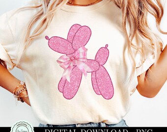 Rosa glitterballonghund PNG, rosa rosettkokett konstglitterballonghund, flickigt bling Grand Millennial ClipArt, preppy sublimeringsskjorta