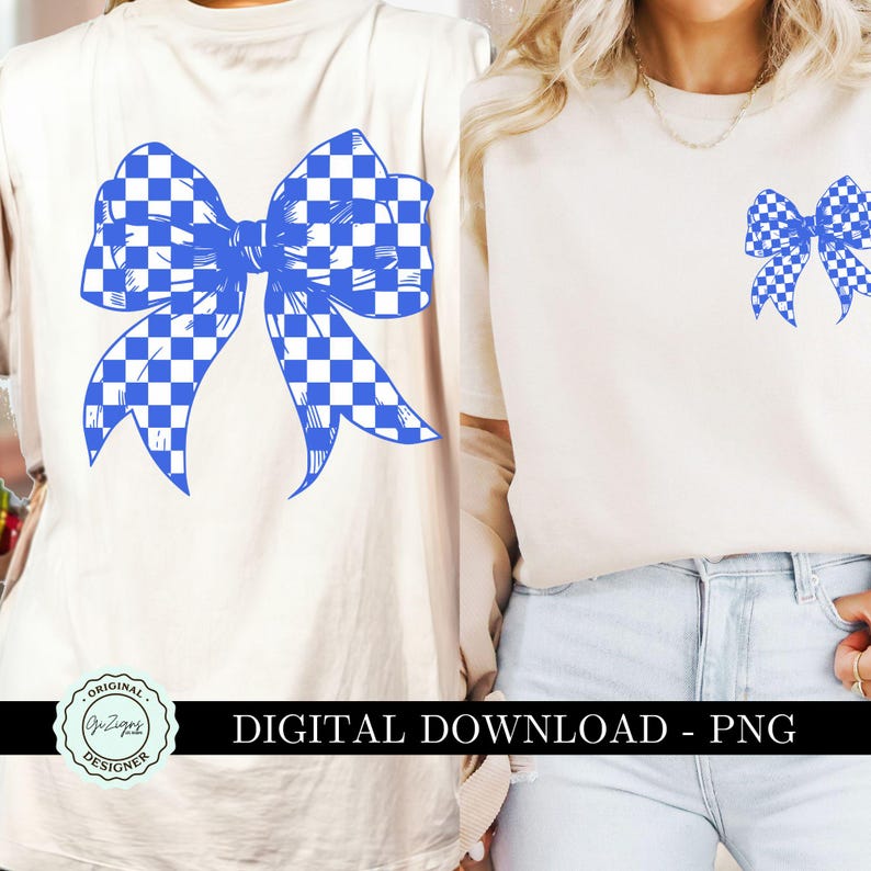 K&ouml;nnte beinhalten: Ein digitaler Download eines blauen und wei&szlig;en karierten Schleifen-Grafik. Die Schleife ist auf einem wei&szlig;en T-Shirt abgebildet. Die Grafik ist perfekt zum Erstellen von individuellen T-Shirts, Tassen, Tragetaschen und anderen Bastelarbeiten.