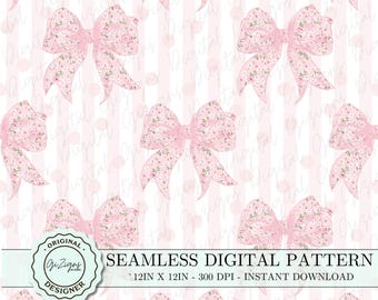 Pink Vintage Floral Bow Coquette Seamless Pattern PNG, Pink Bow Digital Paper Wallpaper Scrapbook Paper, Vintage Christmas Fabric Design