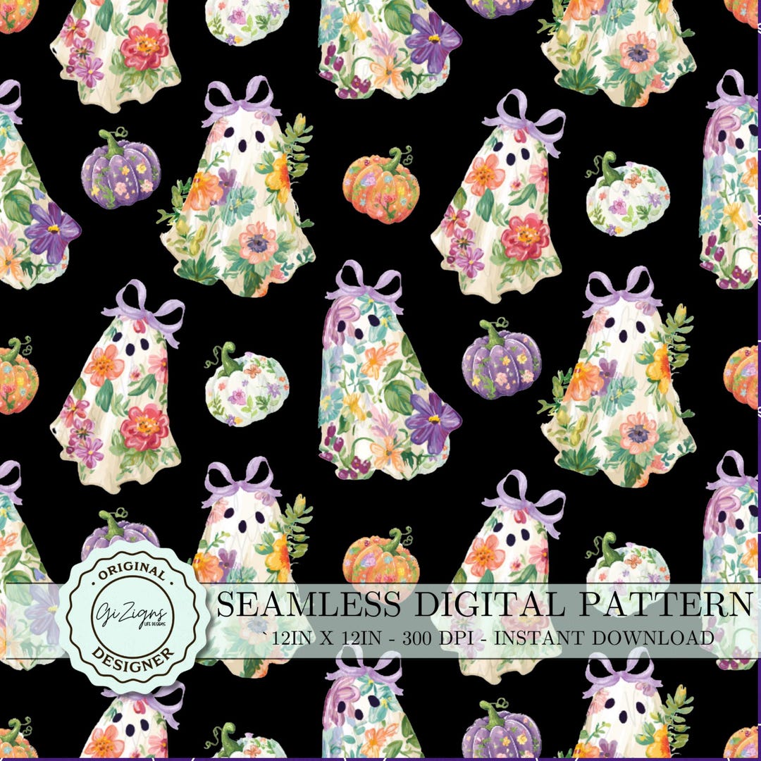 Halloween Ghost Repeat Pattern, Cute Floral Pumpkin Halloween Seamless ...