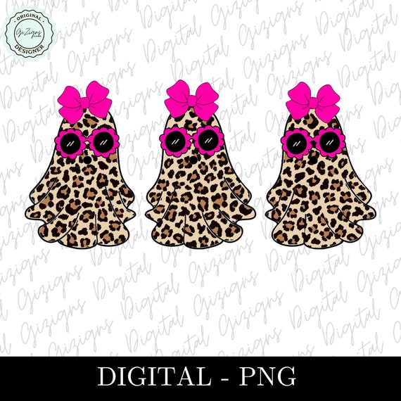 Cute Retro Hippie Leopard Ghost PNG, Coquette Halloween Pink Bow Ghosts Clipart PNG, Halloween Ghosts png Soft Girly Feminine Aesthetic