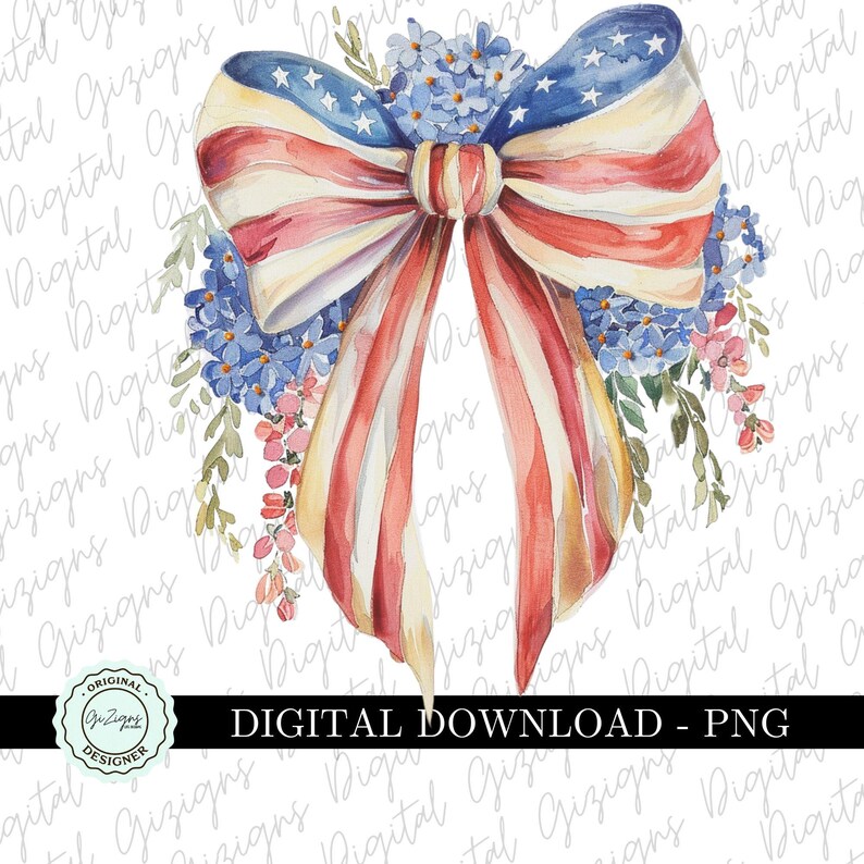 May include: A watercolor illustration of a red, white, and blue bow with a floral wreath. The bow is made of fabric with a patriotic design. The wreath is made of blue and pink flowers.