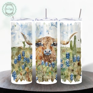 Texas Longhorn 20 OZ beker wrap png, trendy skinny beker wrap, 3D designer western beker wrap, koeblauwe motorkap beker wrap sjabloon