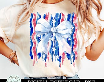 Trendy Patriotic PNG, Coquette Bow 4th of July, Brushstroke Preppy Girly Fourth of July PNG, Red White Blue ClipArt USA Sublimation Design