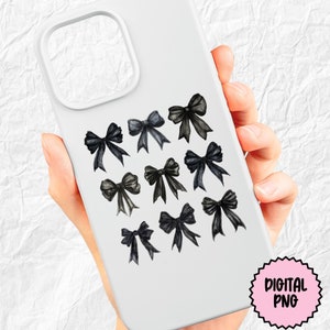 May include: A white phone case with a design of black watercolor bows. The bows are arranged in a grid pattern.