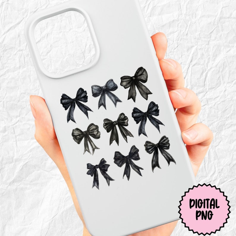 May include: A white phone case with a design of black watercolor bows. The bows are arranged in a grid pattern.