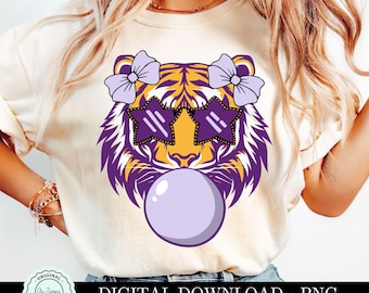 Tigre oro e viola che soffia bolle PNG, Tigre con fiocco Coquette faccia PNG, Testa di tigre PNG, Simpatico logo di tigre mascotte con occhi stellati sublimazione preppy
