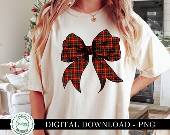 Vintage Plaid Christmas Bow PNG, Red and Green Tartan Plaid Coquette Bow PNG ClipArt, Traditional Christmas Bow Preppy png Sublimation Shirt