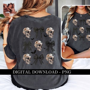 May include: Dark gray t-shirt featuring a repeating pattern of floral skulls, black bows, and bats. The skulls have floral accents. The text "DIGITAL DOWNLOAD - PNG" is at the bottom. The shirt is a comfortable, casual style.
