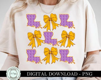 Purple and Gold Louisiana Coquette Cowgirl PNG Clipart,  Floral Bow Louisiana PNG Western PNG Grandmillenial Bow Design png, Sublimation