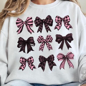 Pink Checkered Bow Dark Coquette PNG ClipArt Collage, Preppy Watercolor Retro Bow Clip Art, Pink Black Ribbon Sublimination Shirt Design DTF