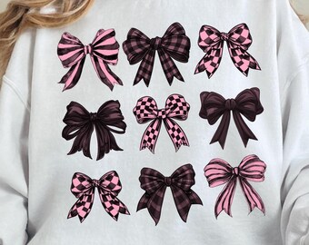 Pink Checkered Bow Dark Coquette PNG ClipArt Collage, Preppy Watercolor Retro Bow Clip Art, Pink Black Ribbon Sublimination Shirt Design DTF