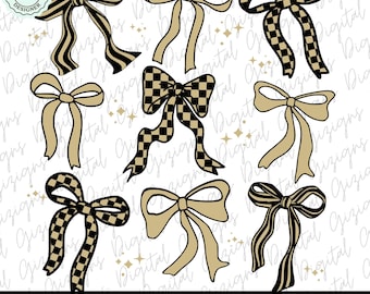 Black and Gold Checkered Bow Dark Coquette PNG ClipArt Collage, Preppy Watercolor Retro Bow Clip Art, Black Ribbon Gold Bow Black Bow png