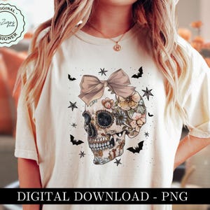 Trendig blommig Boho Halloween PNG Vintage Halloween PNG Dödskalle Clipart, Spooky Season Skelett PNG Gothic Horror Sublimation Design Collage bild 1