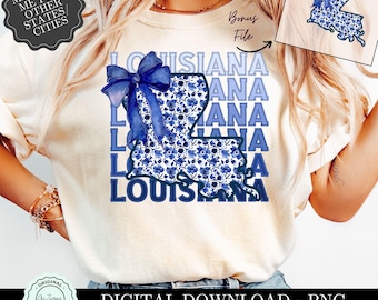 Louisiana PNG Clipart, Blue Toile Coquette Blue Floral Bow Louisiana PNG Western PNG Grandmillenial Bow Design png, TShirt Sublimation png