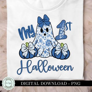 Mijn eerste Halloween png, schattige baby coquette strik spookpompoen png, babyblauw toile spook png, trendy meisje 1e Halloween clipart ontwerp