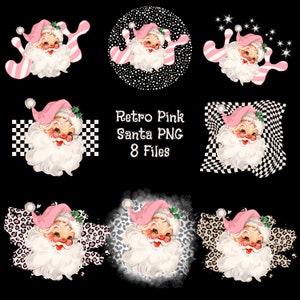 May include: Eight digital images of a retro pink Santa Claus with a white beard and pink hat. The images feature different backgrounds, including polka dots, checkered patterns, and leopard print.