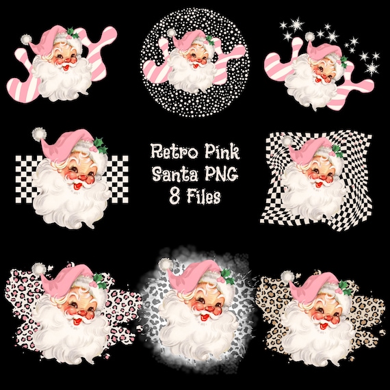 Trendy Vintage Pink Christmas PNG Clipart, Leopard Pink Santa PNG Bundle, Retro Girly Joy Christmas Digital Download, Pink Santa Claus